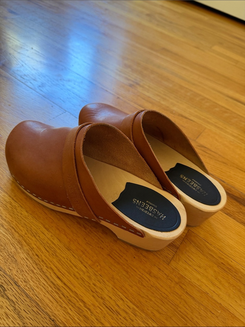 Swedish Hasbeens Cognac Leather Backless Clogs